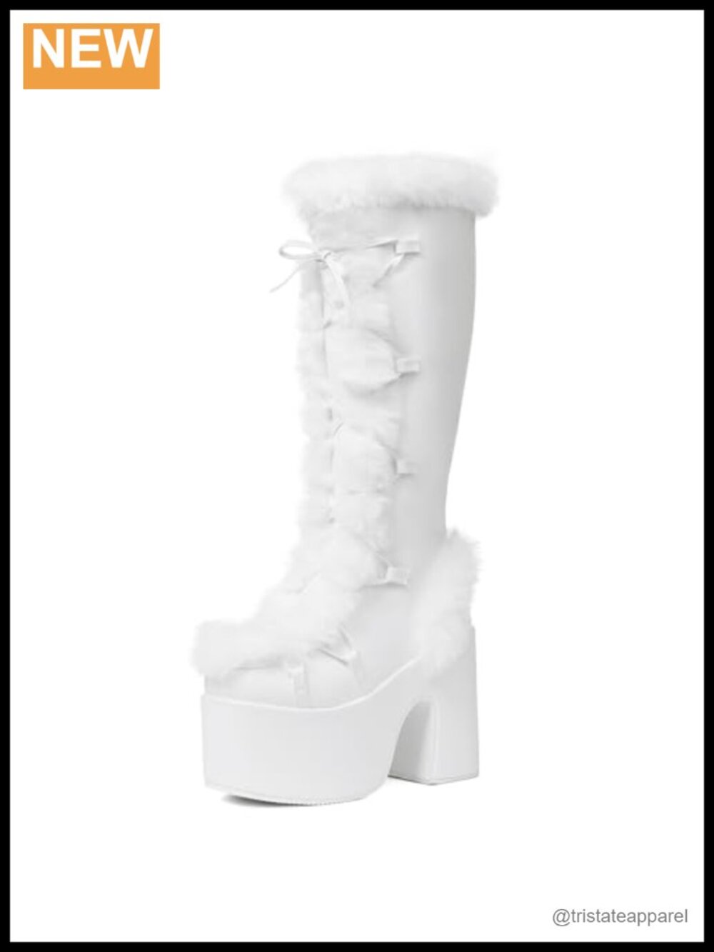 Faux Fur Trim Chunky Platform Heel Knee High Boots with Side Zip PU Leather